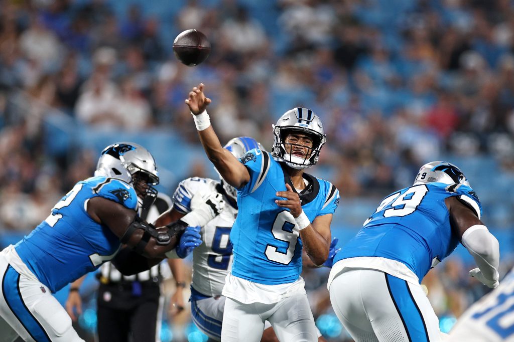 CHARLOTTE, NORTH CAROLINA - AUGUST 25: Bryce Young #9 of the Carolina Panthers attempts a pass during the first quarter of a preseason game against the Detroit Lions at Bank of America Stadium on August 25, 2023 in Charlotte, North Carolina. (Photo by Jared C. Tilton/Getty Images)